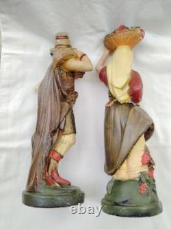 Couple de Napolitains En Plâtre Polychrome, Santons Très Anciens