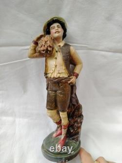 Couple de Napolitains En Plâtre Polychrome, Santons Très Anciens