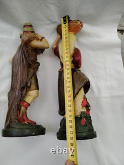 Couple de Napolitains En Plâtre Polychrome, Santons Très Anciens