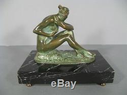 Diane Au Bain Ancienne Sculpture En Bronze Patine Verte Signée Georges Engrand