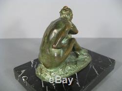 Diane Au Bain Ancienne Sculpture En Bronze Patine Verte Signée Georges Engrand