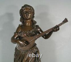 Femme Musicienne Joueuse De Mandoline Sculpture Ancienne Bronze Signé Gadaix