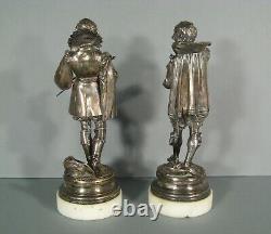 Gentilhommes Duellistes Ancienne Paire Sculptures Bronze Argenté Signé Claude