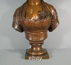 Grand Buste Jeune Femme Bronze Ancien Signé Laurent L'accordée Du Village Greuze