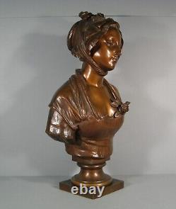 Grand Buste Jeune Femme Bronze Ancien Signé Laurent L'accordée Du Village Greuze