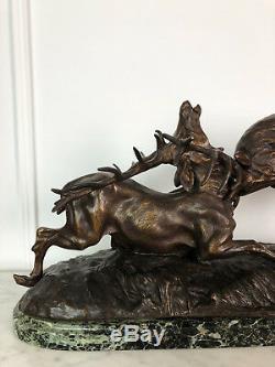 Grande Sculpture Ancienne Animalière Signée Thomas Cartier Combat De Cerfs
