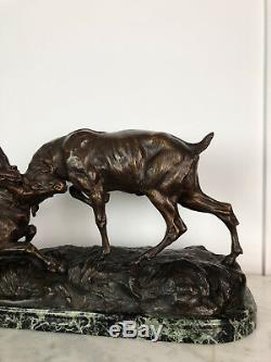 Grande Sculpture Ancienne Animalière Signée Thomas Cartier Combat De Cerfs