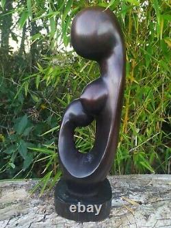 Grande Sculpture Femme à l'Enfant Ancienne, en Ebène, Statue Bois