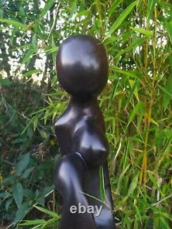 Grande Sculpture Femme à l'Enfant Ancienne, en Ebène, Statue Bois