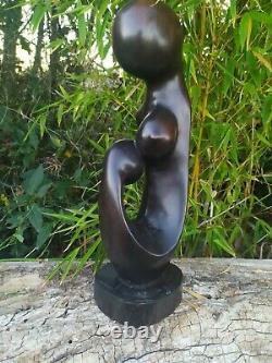 Grande Sculpture Femme à l'enfant Ancienne, en Ebène, Statue Bois