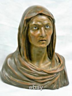 Grande Sculpture Goyeau Ancien Buste Statue Vierge Platre Yeux En Verre Sulfure