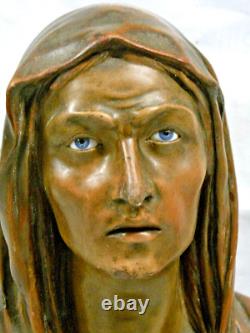 Grande Sculpture Goyeau Ancien Buste Statue Vierge Platre Yeux En Verre Sulfure