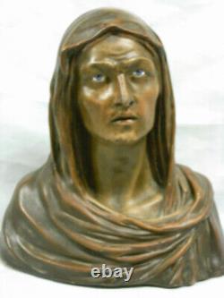 Grande Sculpture Goyeau Ancien Buste Statue Vierge Platre Yeux En Verre Sulfure