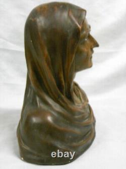 Grande Sculpture Goyeau Ancien Buste Statue Vierge Platre Yeux En Verre Sulfure