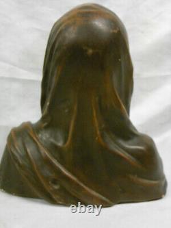 Grande Sculpture Goyeau Ancien Buste Statue Vierge Platre Yeux En Verre Sulfure