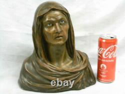 Grande Sculpture Goyeau Ancien Buste Statue Vierge Platre Yeux En Verre Sulfure