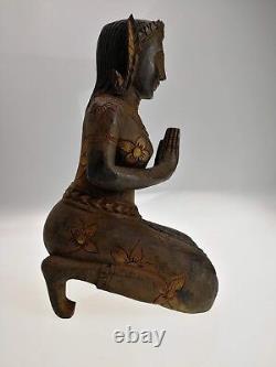 Grande Sculpture Statue Asiatique en Bois Ancienne, Déesse, H. 31cm