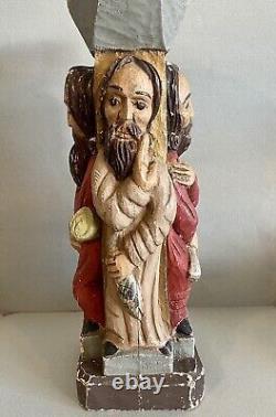 Grande statue religieuse ancienne 4 saints bois polychrome sculpture selette