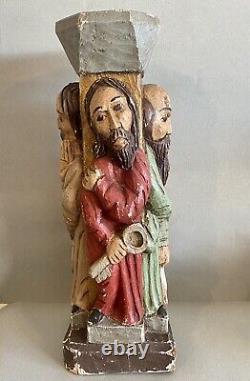 Grande statue religieuse ancienne 4 saints bois polychrome sculpture selette