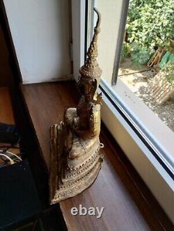 Grande statue sculpture de bouddha vintage ancien en bronze doré d'Inde XXe
