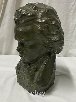 Guero Ancien Buste En Terre Cuite Patine Bronze Vert Représentant Beethoven