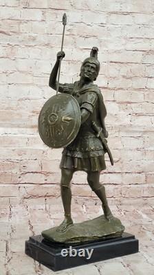 Heroic Romain Soldat Bronze Sculpture Statue Ancien Guerrier Avec Bouclier Home