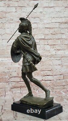 Heroic Romain Soldat Bronze Sculpture Statue Ancien Guerrier Avec Bouclier Ouvre