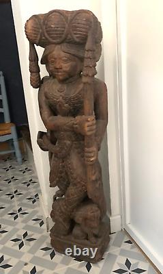 INDE, XXeme Ancienne Sculpture en bois Gardien de tigre au repos H 76cm