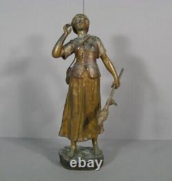 Jeanne D'arc Fileuse Écoutant Ses Voix Sculpture Bronze Ancien Signé Ruffony