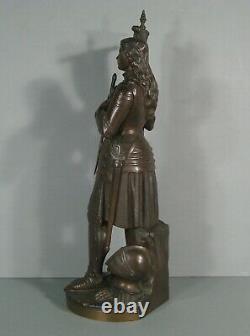 Jeanne D'arc Guerrière Avec Armure Et Épée Sculpture Bronze Ancien Signé Gautier