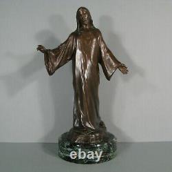 Jésus-christ Sacré-coeur Sculpture Statue Bronze Ancien Signé Paul Gasq