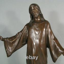 Jésus-christ Sacré-coeur Sculpture Statue Bronze Ancien Signé Paul Gasq