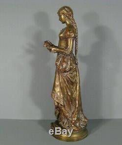 Jeune Femme A La Marguerite Sculpture Ancienne Bronze Signé Adrien Gaudez