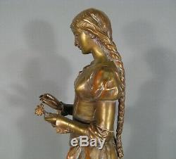Jeune Femme A La Marguerite Sculpture Ancienne Bronze Signé Adrien Gaudez