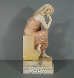 Jeune Femme Assise Sculpture Ancienne En Marbre Et Albtre / Statue Marbre