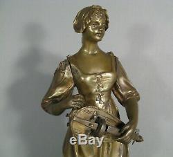 Jeune Femme Joueuse De Vielle Sculpture Ancienne Bronze Signé Signoret- Ledieu