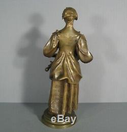 Jeune Femme Joueuse De Vielle Sculpture Ancienne Bronze Signé Signoret- Ledieu