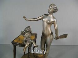 Jeune Femme Nue A Sa Toilette Psyché Et Cupidon Bronze Ancien Signé Fleury