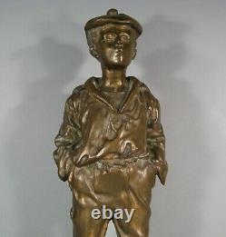 Jeune Garçon Mousse Siffleur Sculpture Bronze Ancien Signé Szozblewski
