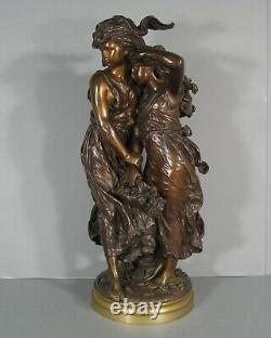 Jeunes Femmes A La Corbeille De Fleurs Ancienne Sculpture Bronze Signé Moreau