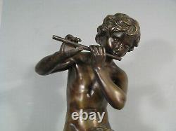 Joueur De Flute Éphèbe Charmeur Oiseaux Sculpture Bronze Ancien Signé Kinsburger