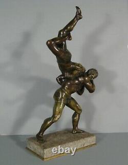 Les Lutteurs Sculpture Bronze Ancien Signé Francois Laugier Lutte Gréco-romaine