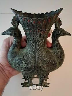 Magnifique Rare Ancien Vase Bronze Paons Birmanie
