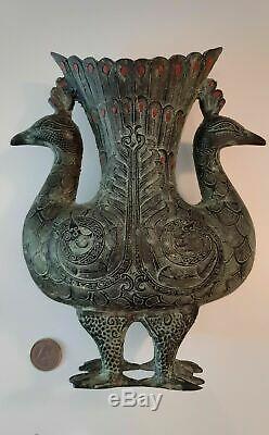 Magnifique Rare Ancien Vase Bronze Paons Birmanie