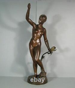 Nymphe Au Roseau Jeune Femme Nue Grande Sculpture Bronze Ancien Signé Rolard
