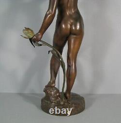 Nymphe Au Roseau Jeune Femme Nue Grande Sculpture Bronze Ancien Signé Rolard