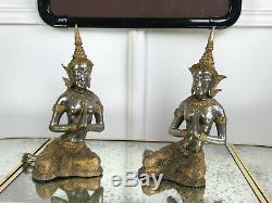 Paire De Statues Asiatique Anciennes En Metal Argenté Et Doré De 39 CM De Haut