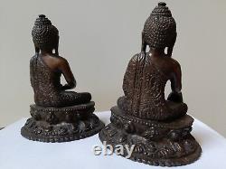 Paire De Statuette Bouddha Asiatique En Bronze Ancien