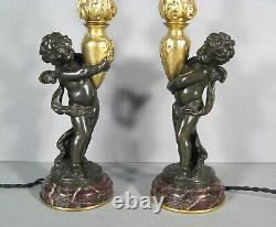 Paire Lampes Putti Porteurs D'eau Sculptures Bronze Ancien Signé Auguste Moreau
