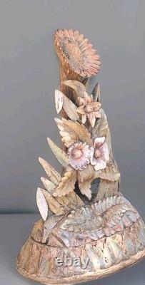 Paire Sculpture ancienne art déco Nouveau Forêt Noire, Bois Sculpté Motif floral